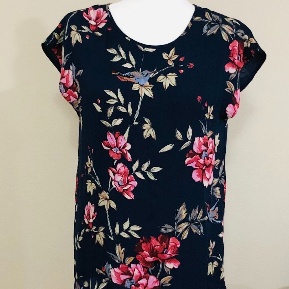 JOIE Silk Dress Navy Pink Floral Flounce Hem Flowy Size S